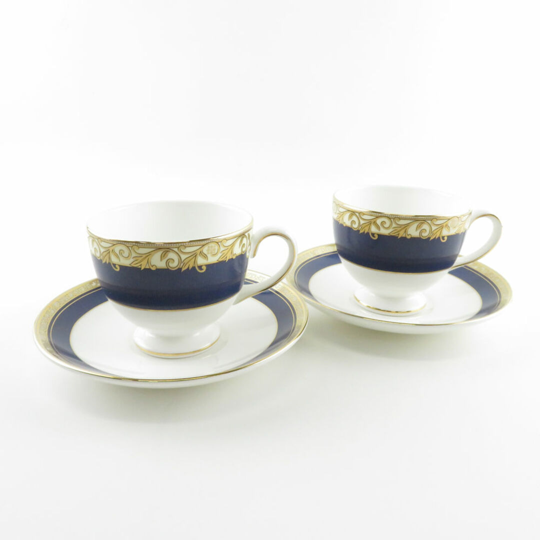 美品 WEDGWOOD ウェッジウッド ロココ ティーカップ＆ソーサー 2客 ペア リー 金彩 ゴールド 青 白 SU4647Cインテリア/住まい/日用品