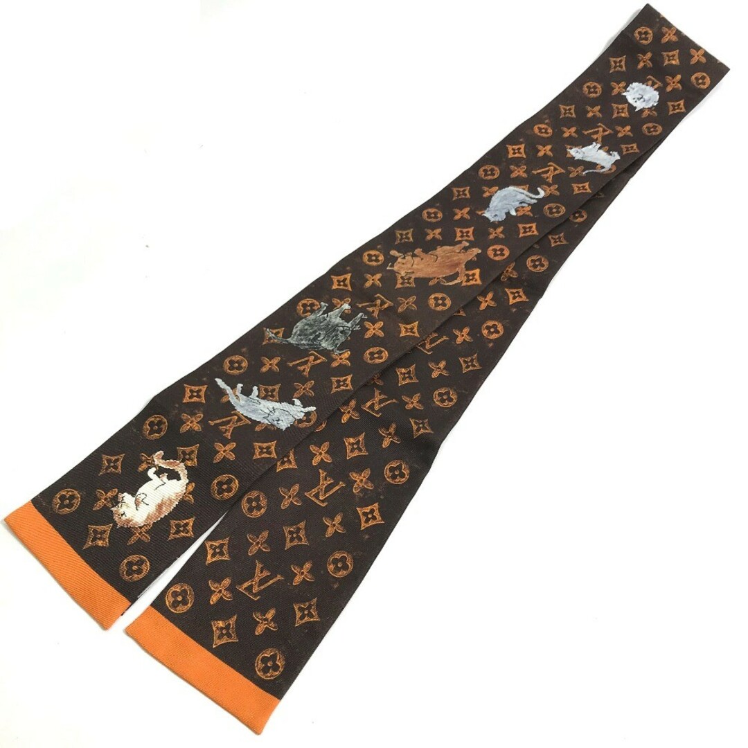 バンダナ/スカーフルイヴィトン LOUIS VUITTON バンドーキャットグラム MP2268 バンドースカーフ スカーフ シルク マロン ブラウン 美品