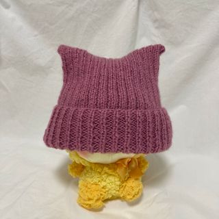 棒針編み ハンドメイド 子供用 猫耳ニット帽 ピンク(帽子)