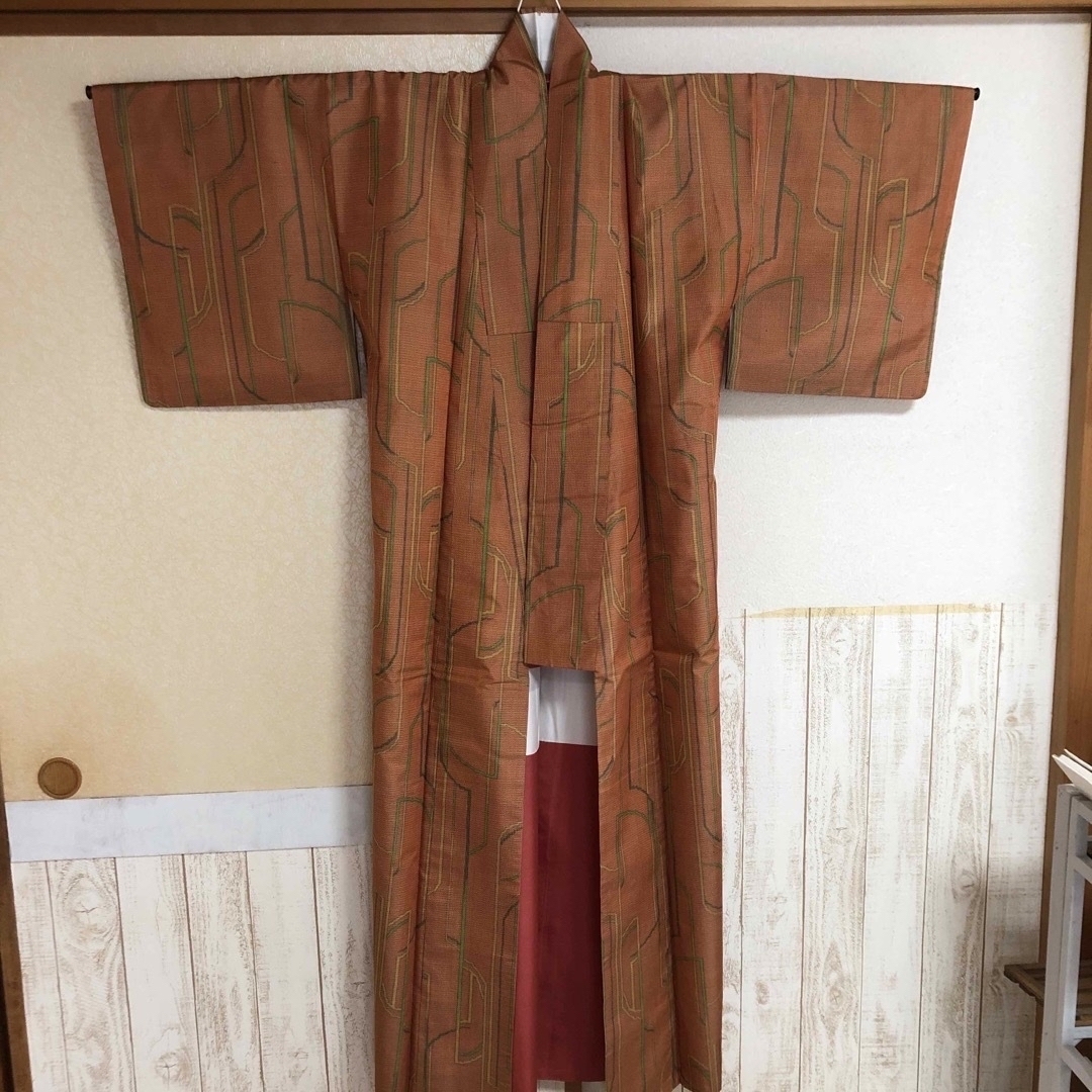 着物☆袷　普段着　正絹　オレンジ レディースの水着/浴衣(着物)の商品写真