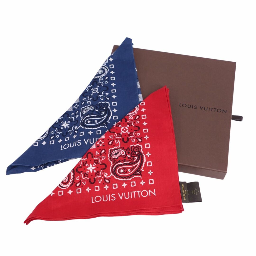 素材コットン100％美品 ルイヴィトン LOUIS VUITTON スカーフ バンダナ 2枚組 ペイズリー柄 ロゴ コットン レディース レッド/ブルー