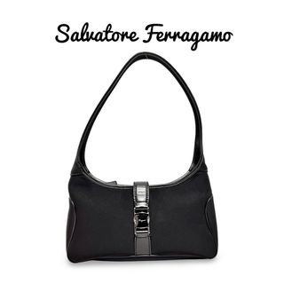 サルヴァトーレフェラガモ(Salvatore Ferragamo)のSalvatore Ferragamo サルヴァトーレ フェラガモ ワンショルダーバッグ ハンドバッグ ブラック ナイロン レザー AU-21-0734(ハンドバッグ)