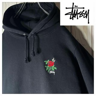 ステューシー(STUSSY)の【美品】ステューシー 刺繍 薔薇 ストックロゴ スウェット パーカー 黒(パーカー)