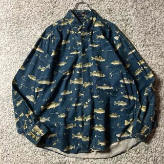 ノーティカ(NAUTICA)の【90sペルー製】ノーティカ  魚柄　総柄　L/Sボタンダウンシャツ　ネイビー(シャツ)