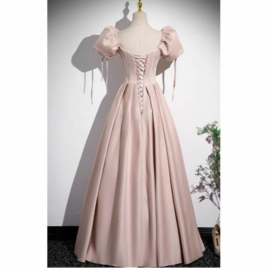 上品！可愛いドレス　ピンク　パフスリーブ ロング  編み上げ　リボン　パーティーレディース