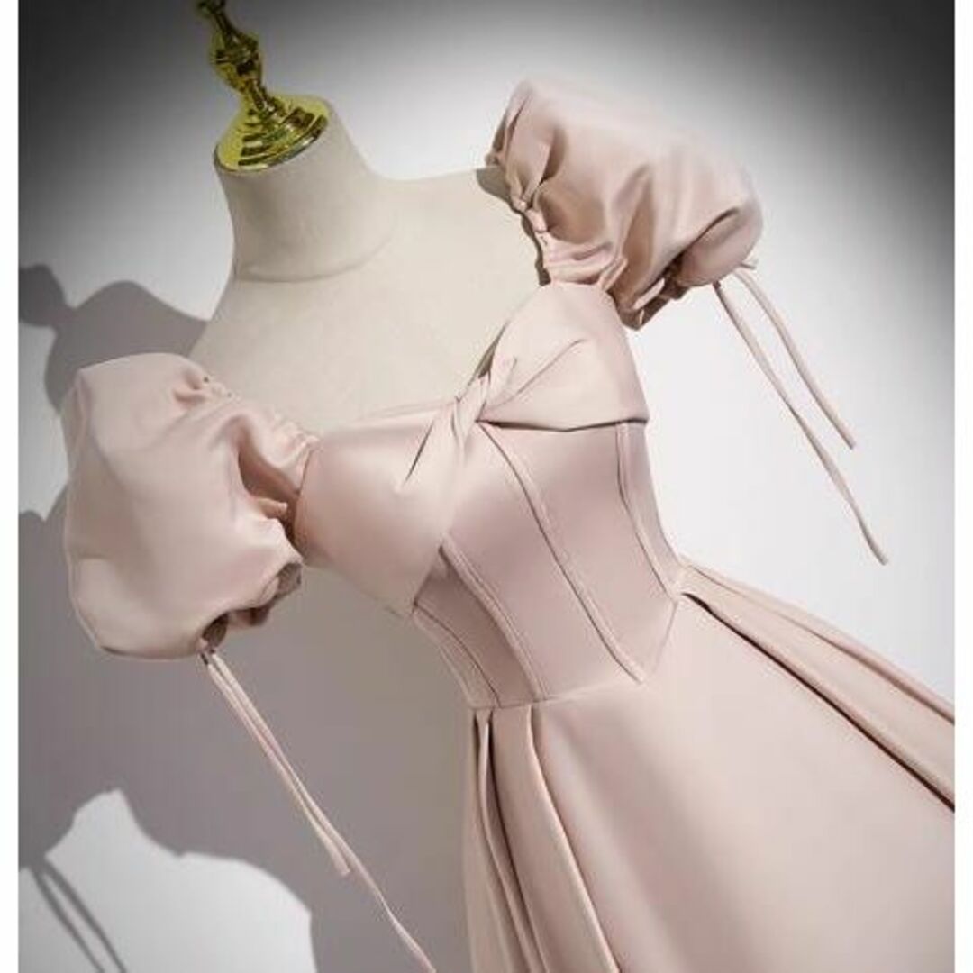 上品！可愛いドレス　ピンク　パフスリーブ ロング  編み上げ　リボン　パーティーレディース