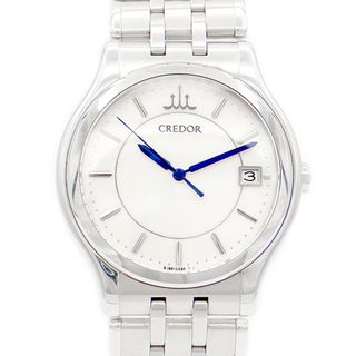 セイコー(SEIKO)の電池交換済 SEIKO CREDOR セイコー クレドール シグノ デイト GCAZ015 8J86-7A00 青針 白 ホワイト ギョーシェ SS ステンレス メンズ クォーツ【6ヶ月保証】【腕時計】【中古】(腕時計(アナログ))