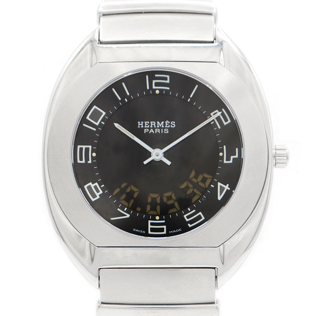 約W38mm腕周り電池交換済 HERMES エルメス エスパス ES1.710 黒 ブラック SS ステンレス メンズ アナログ デジタル デジアナ クオーツ【6ヶ月保証】【腕時計】