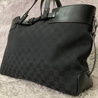 グッチ(Gucci)の美品 グッチ トートバッグ GG柄 総柄 A4可能 キャンバス レザー ブラック(トートバッグ)