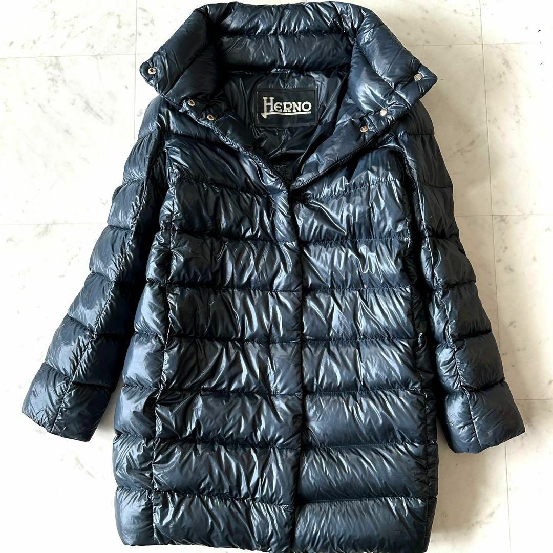 美品 ヘルノ HERNO ボトルネック ダウンコート ネイビー 42 美品 ヘルノ HERNO ボトルネック ダウンコート ネイビー 42