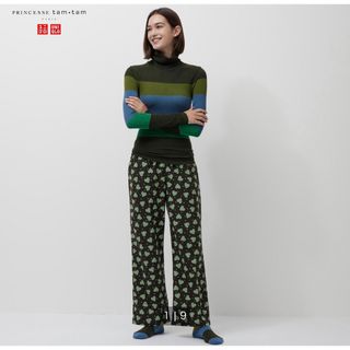 ユニクロ(UNIQLO)のユニクロ プリンセスタムタム フランネルパンツ ダークグリーン 黒 XL(ルームウェア)