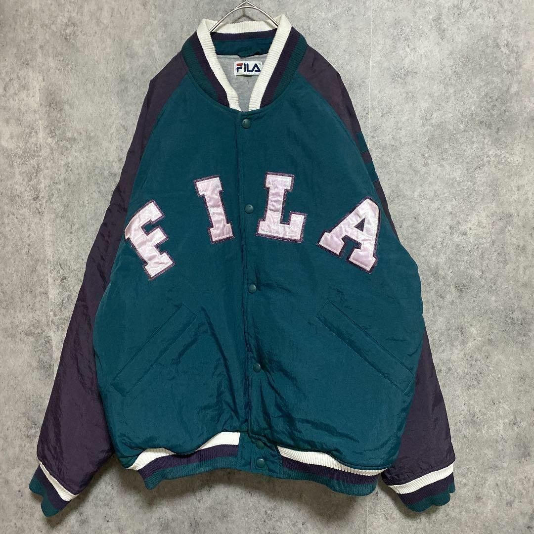 90S フィラ　FILA 深緑　ナイロンジャケット　メンズ　M 古着　個性派