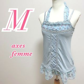 アクシーズファム(axes femme)のアクシーズファム　キャミソール　M　ブルー　タグつき　リボン　花柄レース(キャミソール)