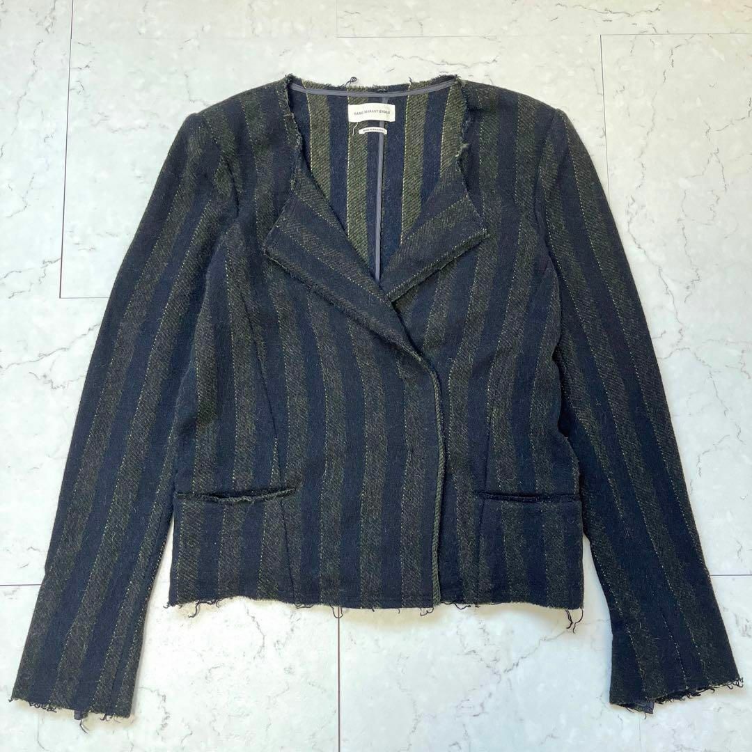 Isabel Marant(イザベルマラン)の【イザベルマラン】美品 Lサイズ ウール ストライプ ノーカラージャケット 緑 レディースのジャケット/アウター(ノーカラージャケット)の商品写真