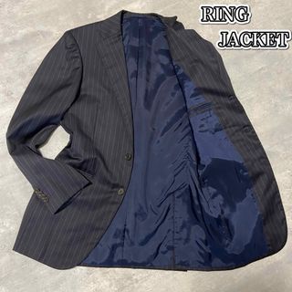 リングヂャケット(RING JACKET)の美品　リングヂャケット　テーラード　段返り　ストライプ　ネイビー　ブレザー(テーラードジャケット)