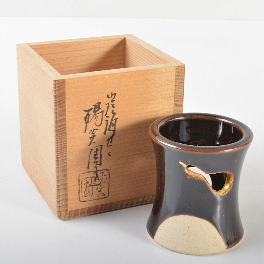 茶道具　膳所焼　陽炎園造　淡海ぜぜ　金彩瓢箪透かし　蓋置　共箱　C　R6684