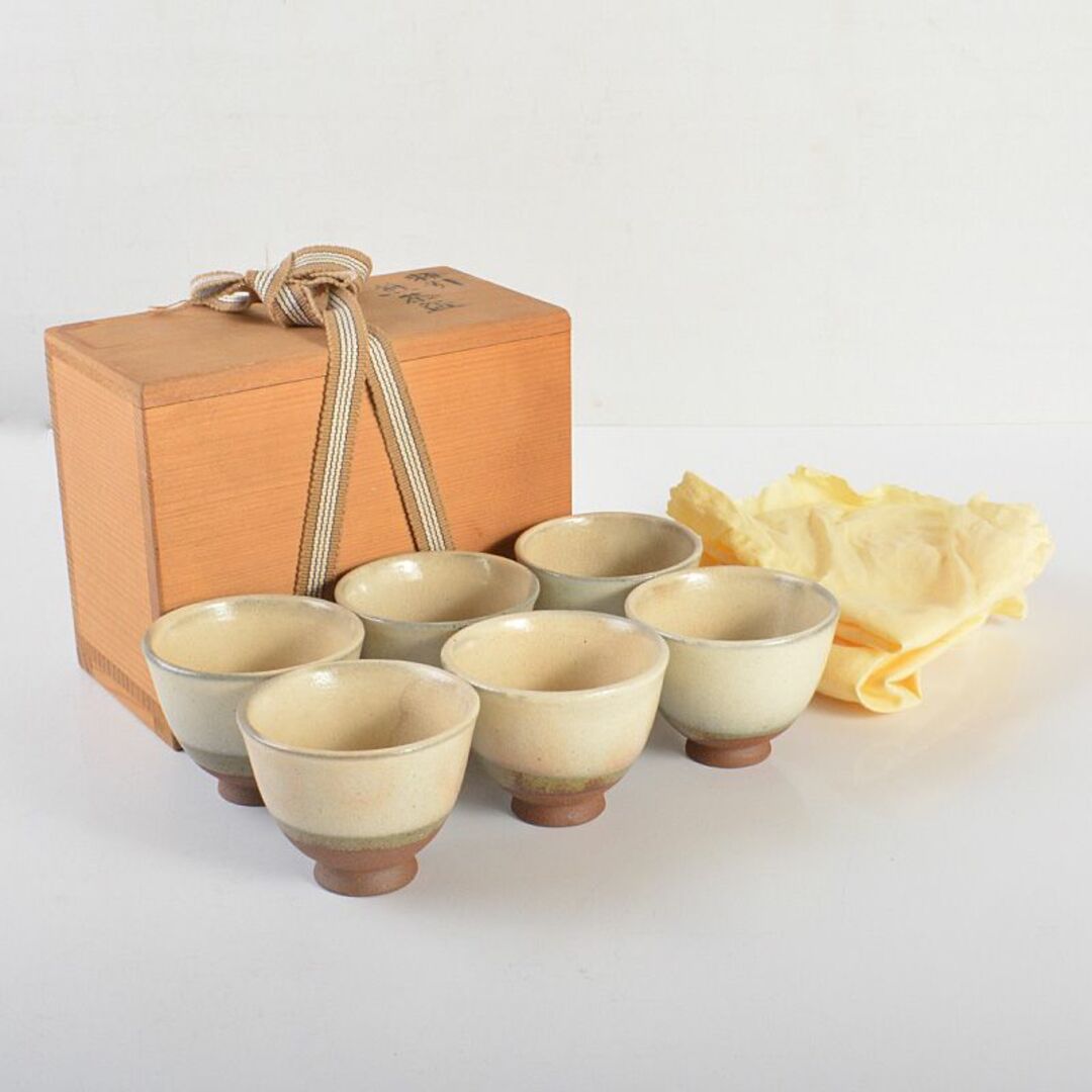 煎茶道具 萩焼 敬月作 粉引煎茶碗 6客 共箱 V 煎茶道具 萩焼 敬月作 粉引煎茶碗 6客 共箱 V