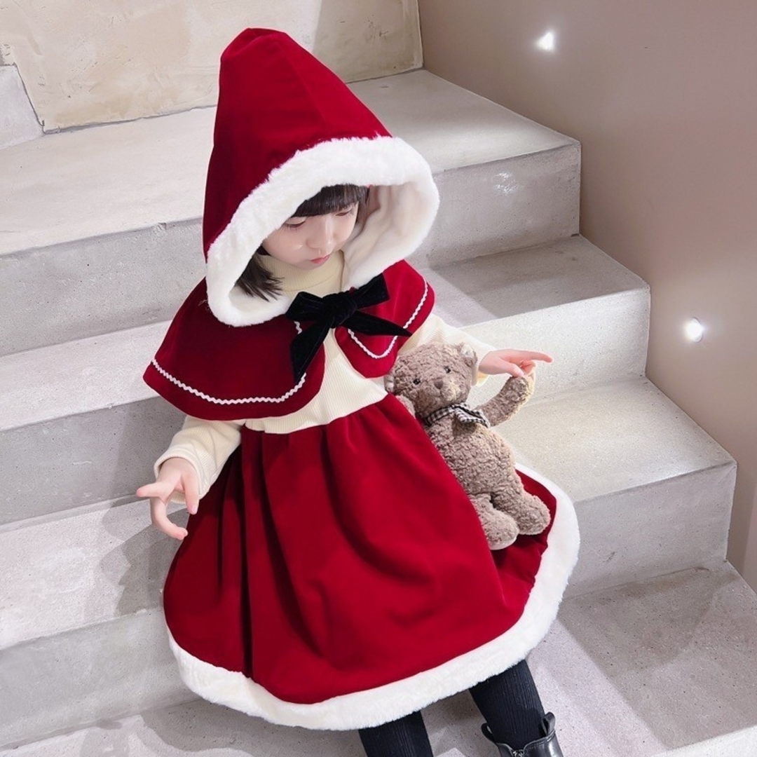 110 ケープ ワンピース 2点セット クリスマス コスプレ サンタクロース キッズ/ベビー/マタニティのキッズ服女の子用(90cm~)(ワンピース)の商品写真