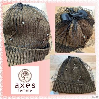 アクシーズファム(axes femme)のアクシーズファム★新品タグ付き★パール★リボン★チュールニット帽★リボンワッチ(ニット帽/ビーニー)