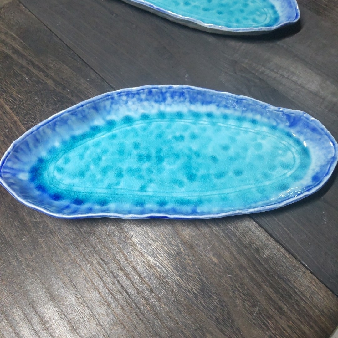 美濃焼✨淵ブルースカイ木の葉変形長皿▪2枚組 トルコブルー