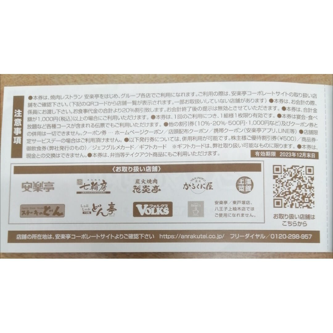 1枚  20%割引券 安楽亭 ステーキのどん フォルクス 12月末まで チケットの優待券/割引券(レストラン/食事券)の商品写真