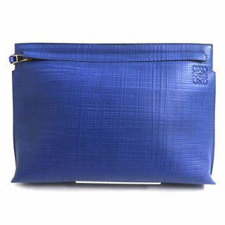 ロエベ(LOEWE)の極美品▼LOEWE ロエベ アナグラム ロゴ刻印入り レザー Tポーチ/クラッチバッグ ブルー ゴールド金具 スペイン製 メンズ(セカンドバッグ/クラッチバッグ)