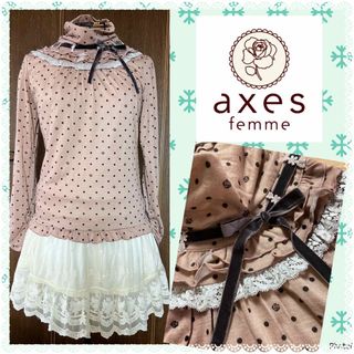 アクシーズファム(axes femme)のアクシーズファム★良品★ベロアリボン★ドットと薔薇★かわいいタートルプルオーバー(カットソー(長袖/七分))