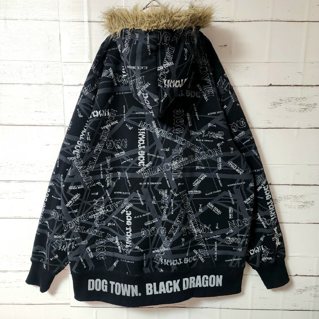 希少サイズ』DOG TOWN パーカー ファー 黒龍 刺繍ロゴ 黒 【XL】-