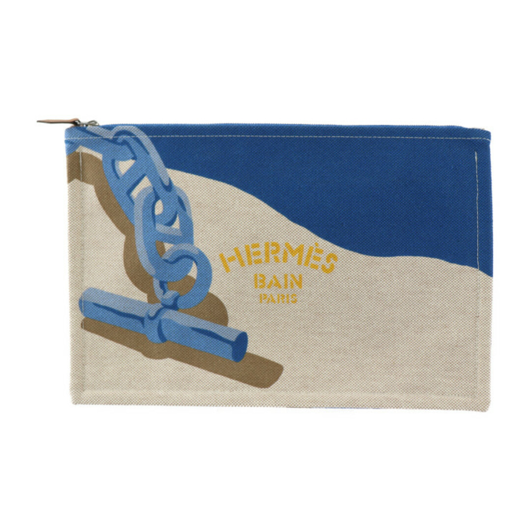 バッグHERMES エルメス Escale a la Plage エスカル ア ラ プラージュ  セカンドバッグ  コットンキャンバス   ベージュ系 ブルー系 マルチカラー シルバー金具 シェーヌダンクル ヨッティング フラット ポーチ クラッチバッグ 【本物保証】