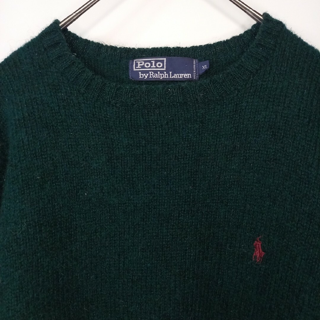 69-3990s　ラルフローレン　ウールニット　セーター　中厚手　刺繍ロゴ　グリーン　XL