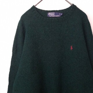 ポロラルフローレン(POLO RALPH LAUREN)の90s　ラルフローレン　ウールニット　セーター　中厚手　刺繍ロゴ　グリーン　XL(ニット/セーター)