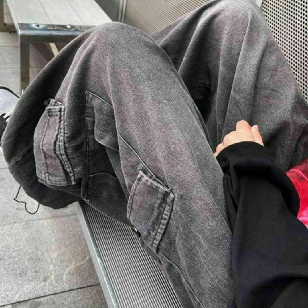 デニム 立体ポケットワイドパンツカーゴパンツユニセックス ジーンズ