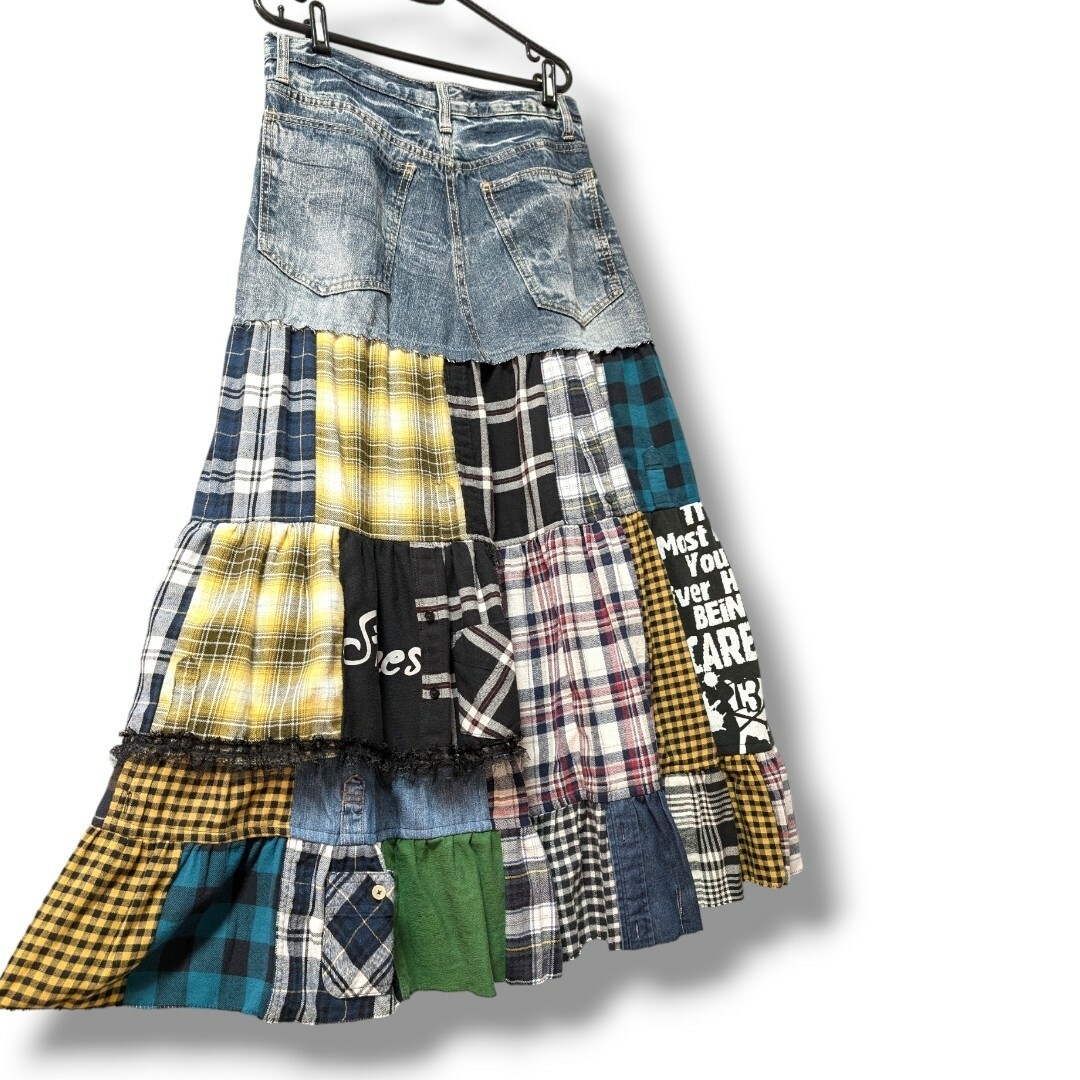 チェック×デニムMIX❤ティアードスカート レディースのスカート(ロングスカート)の商品写真