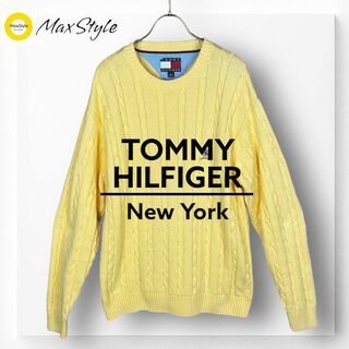トミーヒルフィガー(TOMMY HILFIGER)の【トミーヒルフィガー】ケーブルニット セーター コットン XL イエロー 刺繍(ニット/セーター)