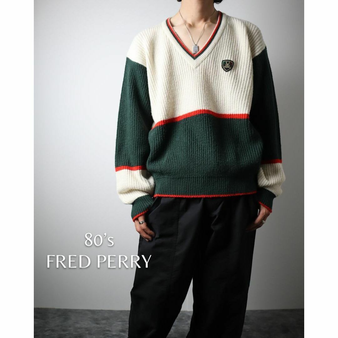 FRED PERRY(フレッドペリー)の【フレッドペリー】80s リブ編み ワッペン ルーズ チルデン ニット セーター メンズのトップス(ニット/セーター)の商品写真