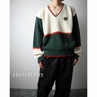 フレッドペリー(FRED PERRY)の【フレッドペリー】80s リブ編み ワッペン ルーズ チルデン ニット セーター(ニット/セーター)