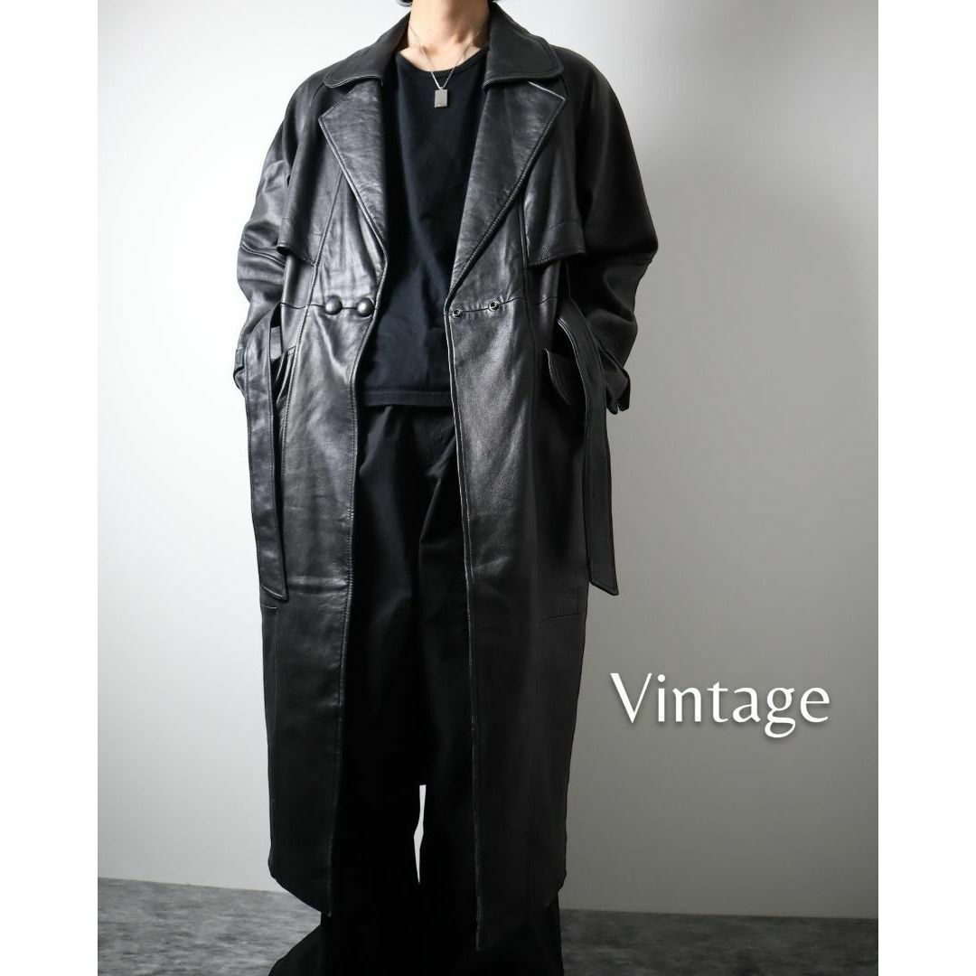 【vintage】ラムレザー 本革 ラグラン ベルト付 セミダブル ロングコート古着屋arie✿O152