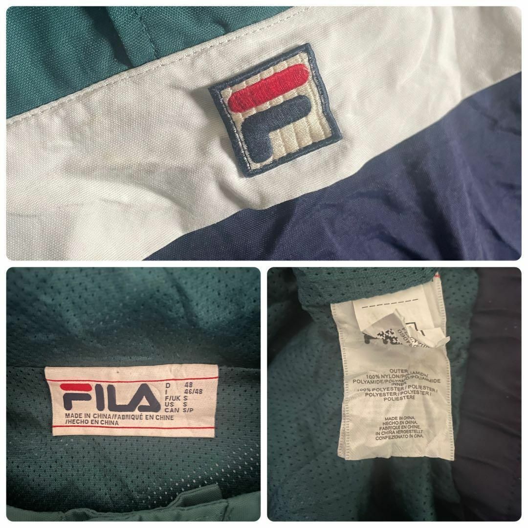 FILA(フィラ)の[古着]フィラ　アノラックパーカー　ナイロン　刺繍　太ライン　緑　白　ネイビー メンズのジャケット/アウター(ナイロンジャケット)の商品写真