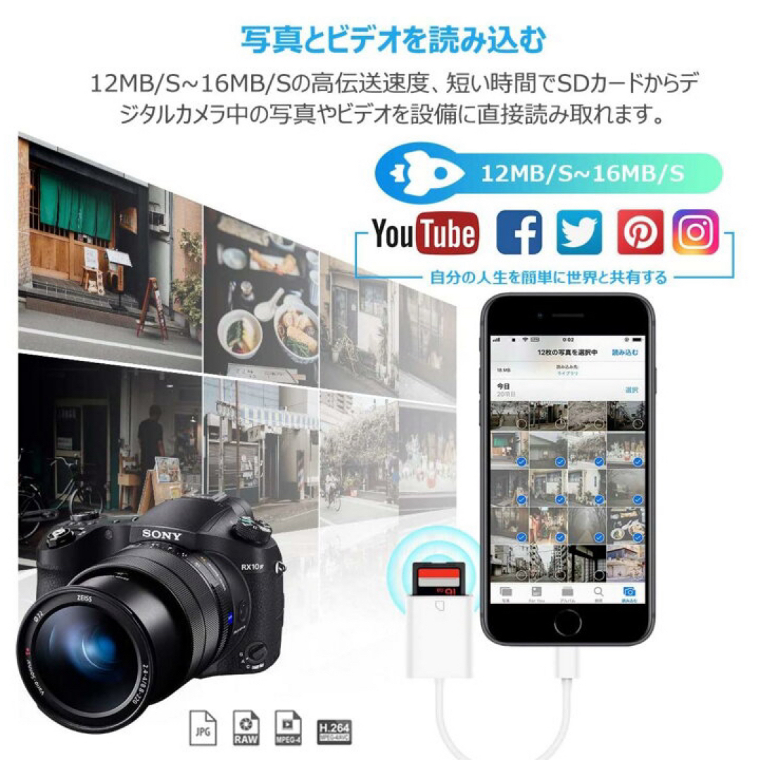 iPhone SDカードリーダー Flashair不要 データ転送 純正品同様  スマホ/家電/カメラのスマートフォン/携帯電話(スマートフォン本体)の商品写真