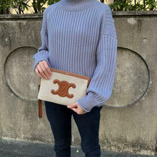 celine - CELINE(セリーヌ) 10J502FCT ストラップ付きスモールポーチ SMALL POUCH WITH STRAP CUIR TRIOMPHE IN STRIPED TEXTILE AND CALFSKIN Beige