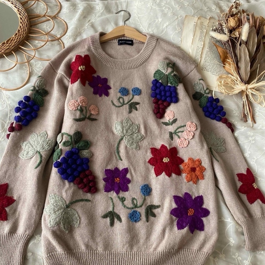 ヴィンテージvintageヴィンテージレトロモチーフ果実お花刺繍ニット