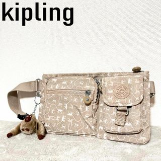 キプリング(kipling)の美品✨Kipling キプリングセミショルダーバッグトートバッグホワイト白総柄(ショルダーバッグ)