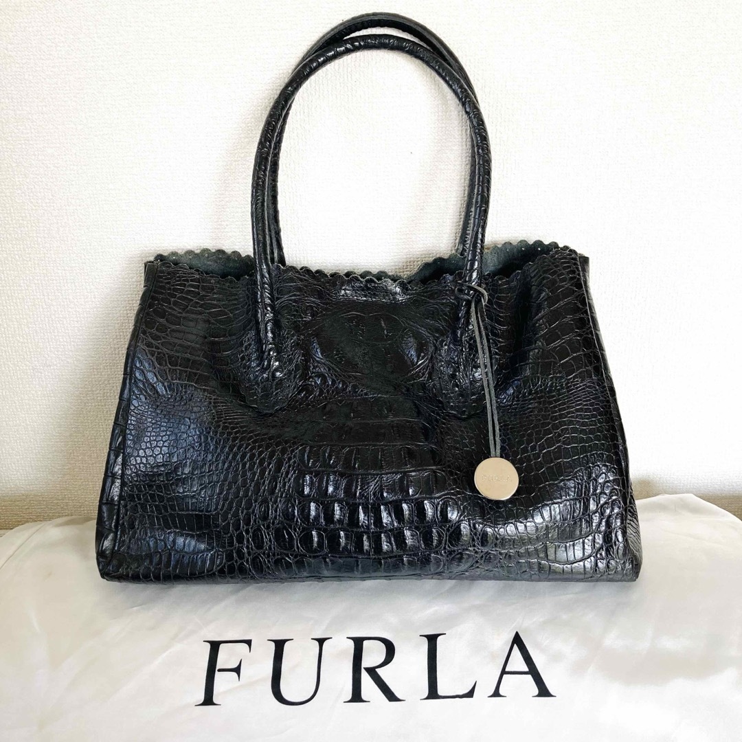 Furla(フルラ)のFURLA クロコ型押し本革ショルダーバッグ　トートバッグ　ブラック レディースのバッグ(トートバッグ)の商品写真