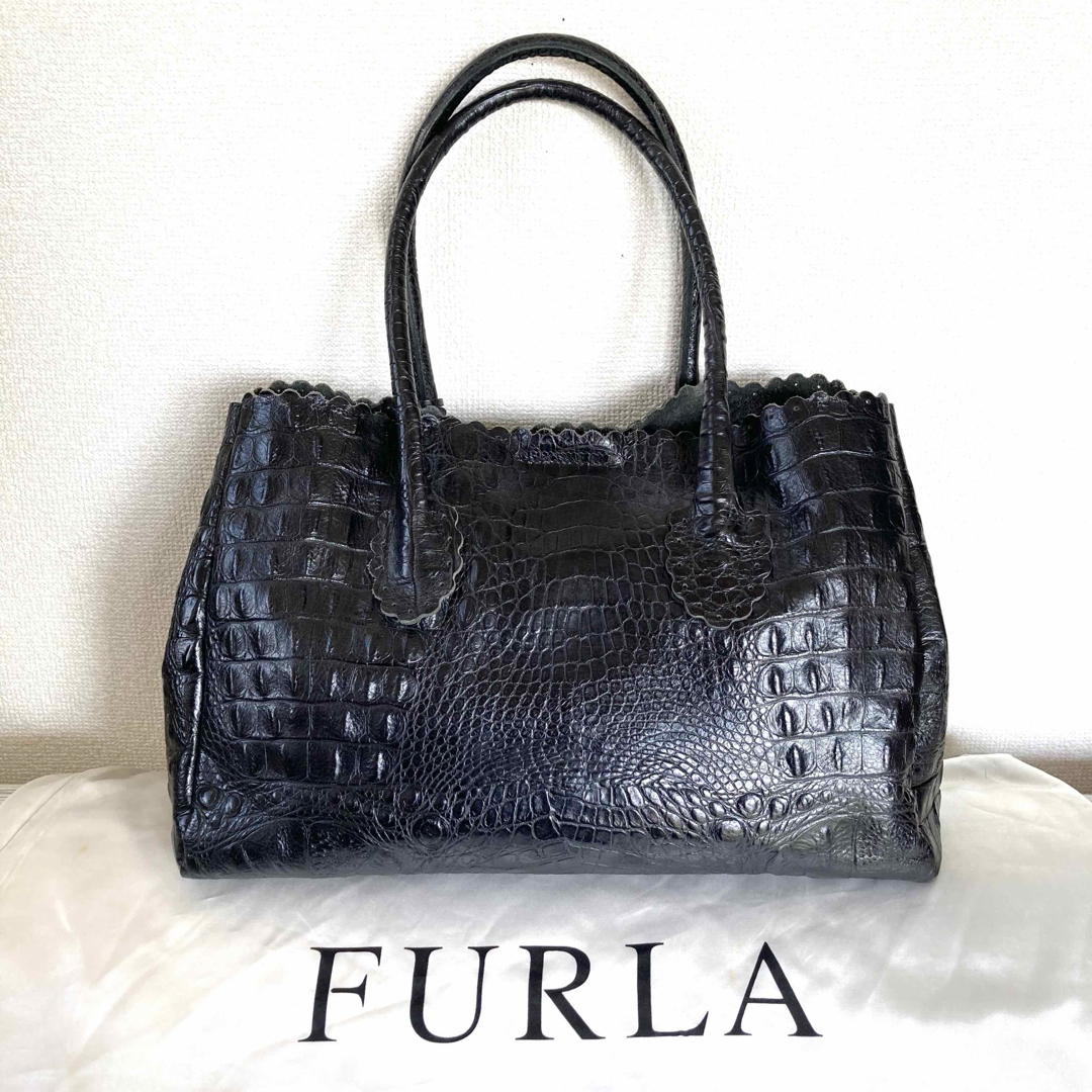 Furla(フルラ)のFURLA クロコ型押し本革ショルダーバッグ　トートバッグ　ブラック レディースのバッグ(トートバッグ)の商品写真
