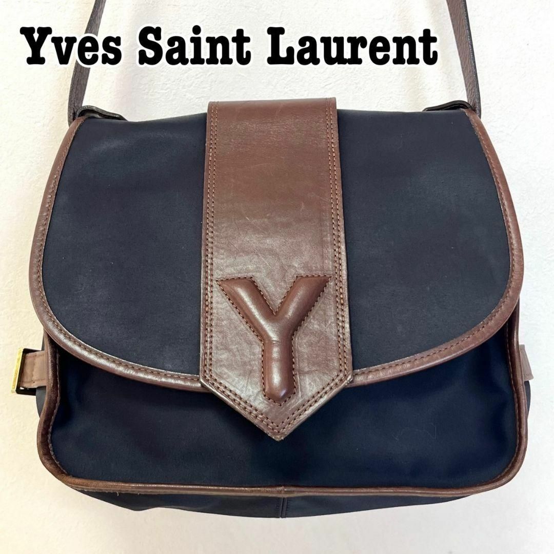 Yves Saint Laurent レザー ショルダーバッグ 黒 茶　Y ロゴショルダーバッグ