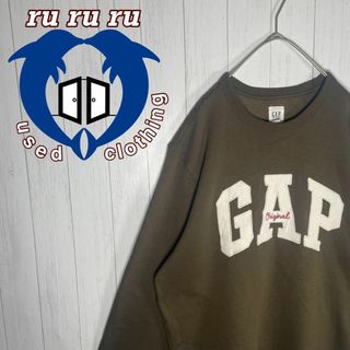 [古着]GAP　トレーナー　刺繍デザイン　デカロゴ　シンプル　カーキ　ホワイト(スウェット)