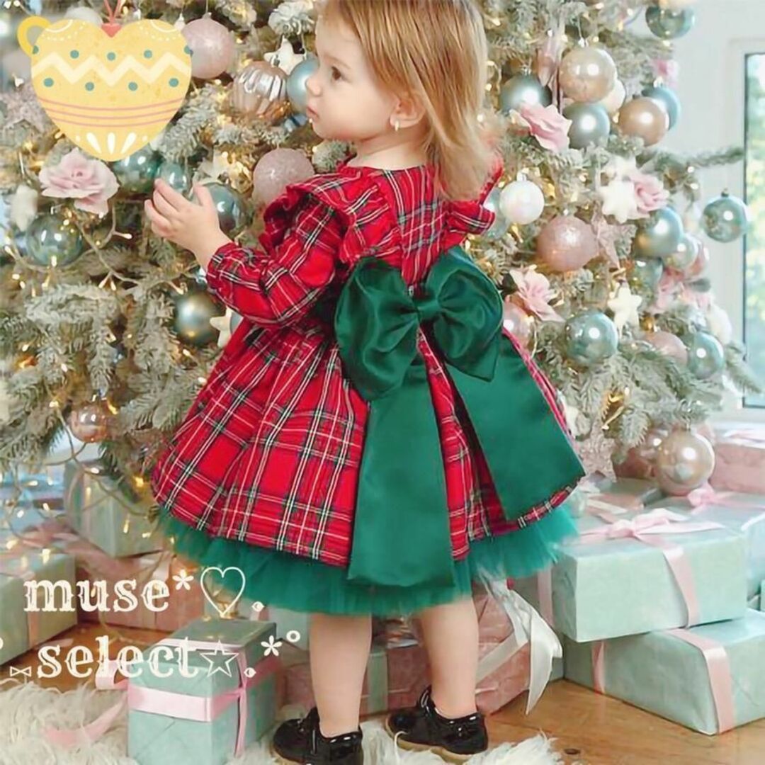 120赤タータンチェックワンピースドレス♥クリスマスサンタクロースコスプレ♥子供 キッズ/ベビー/マタニティのキッズ服女の子用(90cm~)(ワンピース)の商品写真