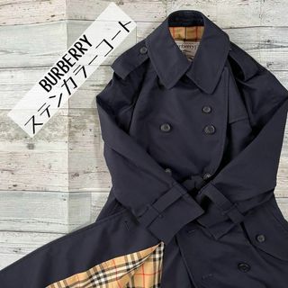 バーバリー(BURBERRY)のBURBERRYバーバリーステンカラーコートノバチェックネイビー古着(ステンカラーコート)