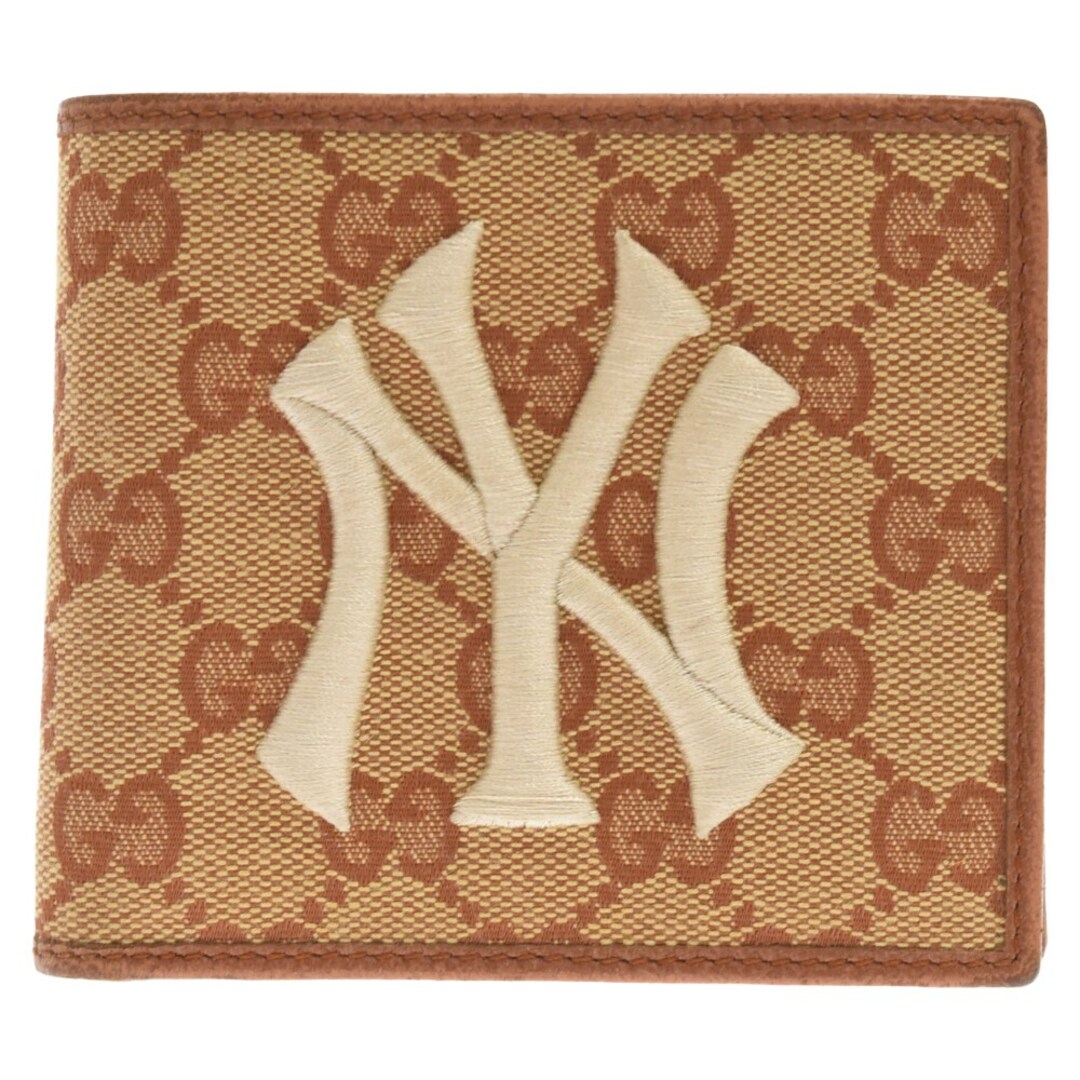 GUCCI グッチ ×New York Yankees GGロゴ 二つ折り財布 ニューヨークヤンキース エンブロイダリー刺繍デザイン 547785 総柄ブラウン