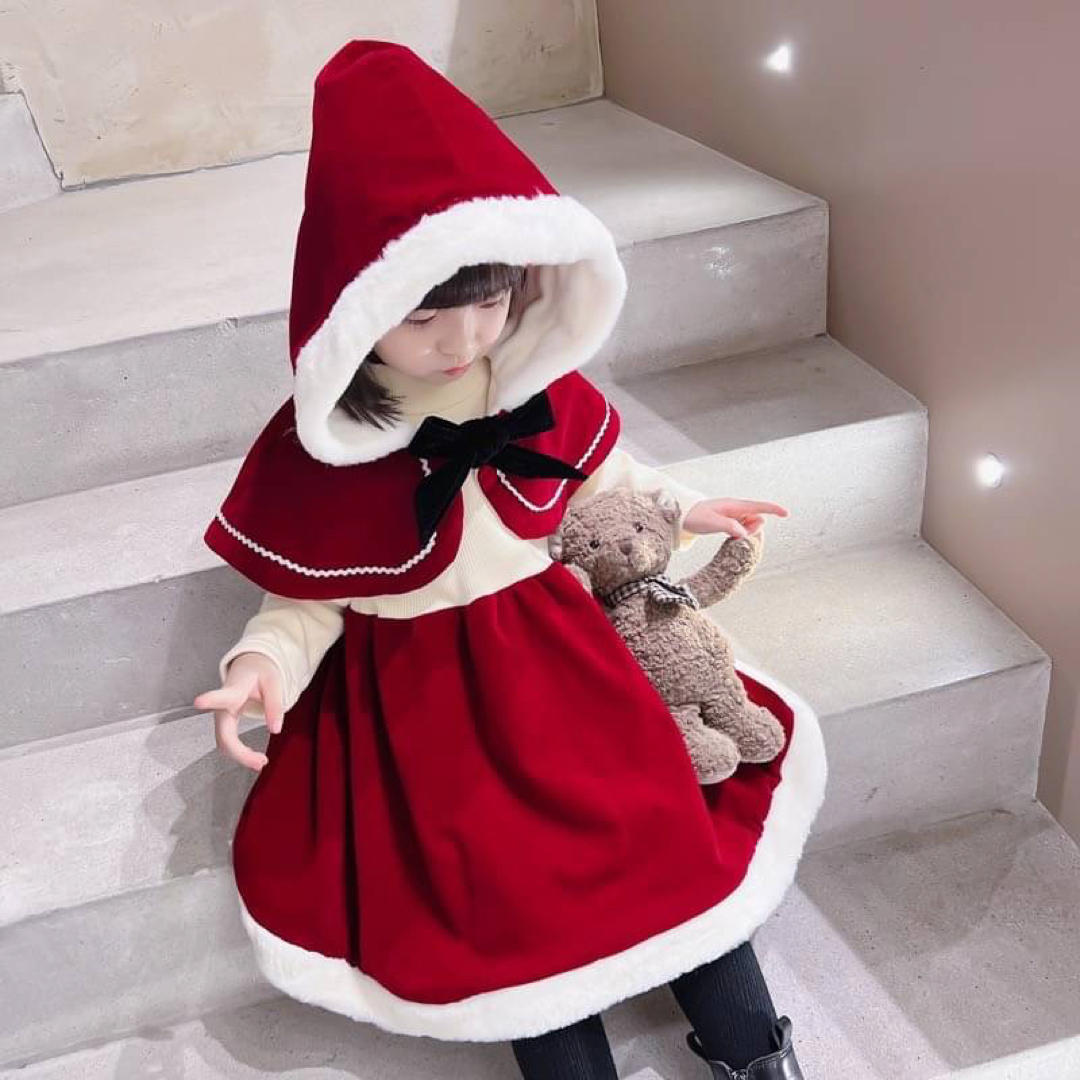 ケープ ワンピース 2点セット 80 女の子 クリスマス コスプレ サンタ キッズ/ベビー/マタニティのベビー服(~85cm)(ワンピース)の商品写真